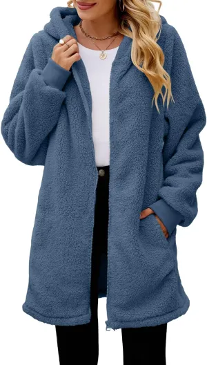 ReachMe Womens Fleece Zip Up Jacket with Pockets Oversized Long Sherpa Hoodie Fuzzy Jackets Warm Teddy Coat