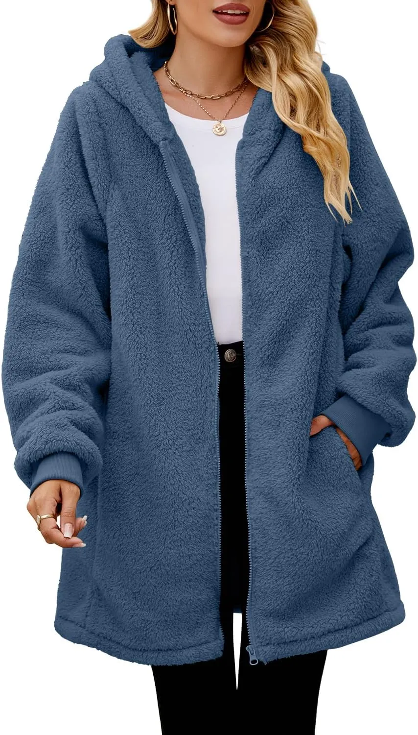 ReachMe Womens Fleece Zip Up Jacket with Pockets Oversized Long Sherpa Hoodie Fuzzy Jackets Warm Teddy Coat