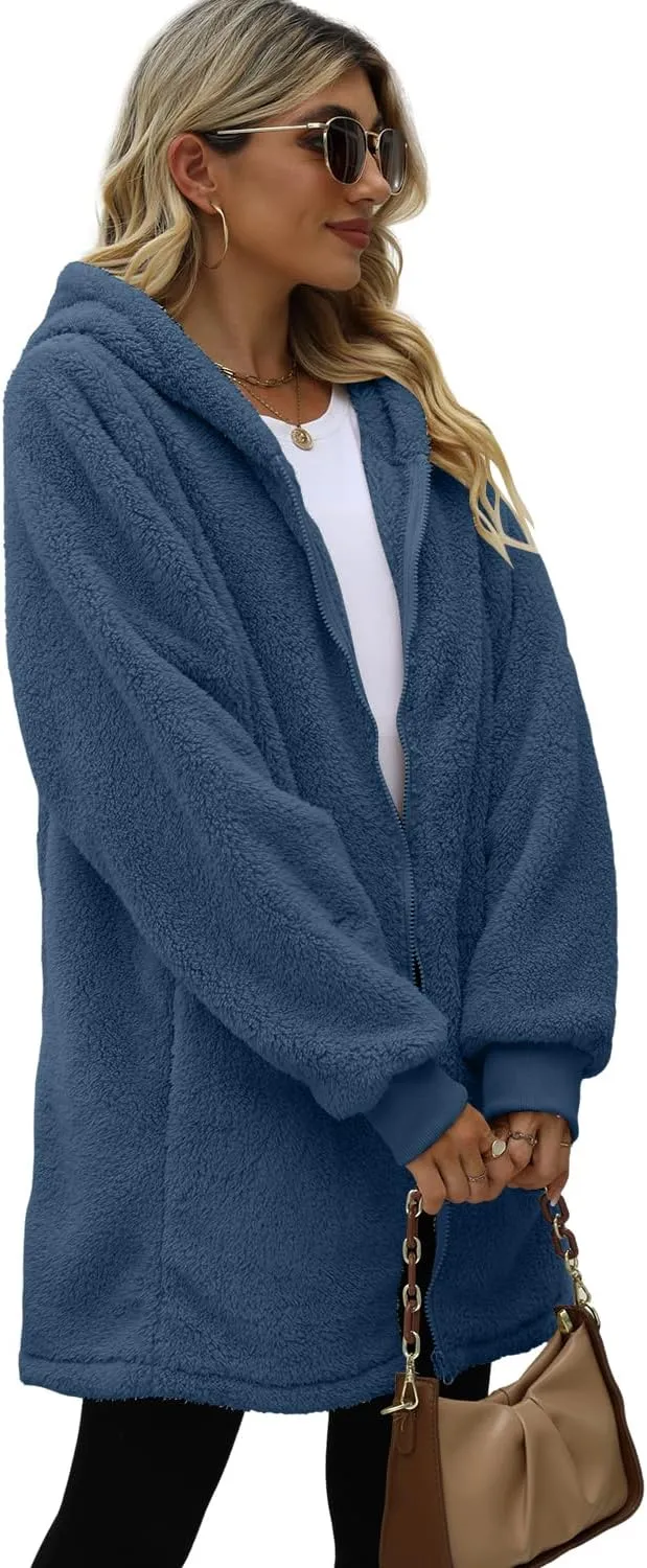 ReachMe Womens Fleece Zip Up Jacket with Pockets Oversized Long Sherpa Hoodie Fuzzy Jackets Warm Teddy Coat