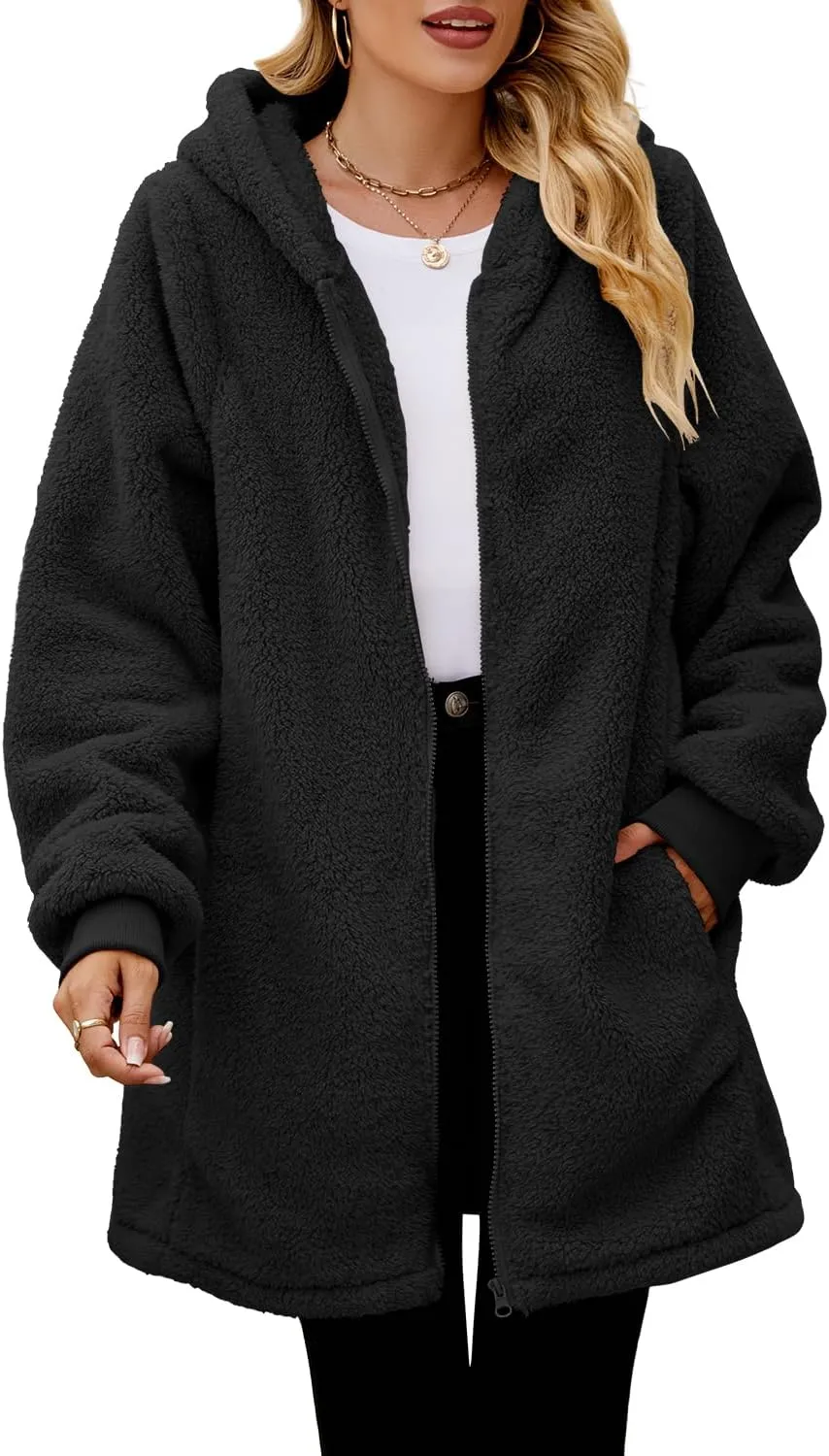 ReachMe Womens Fleece Zip Up Jacket with Pockets Oversized Long Sherpa Hoodie Fuzzy Jackets Warm Teddy Coat