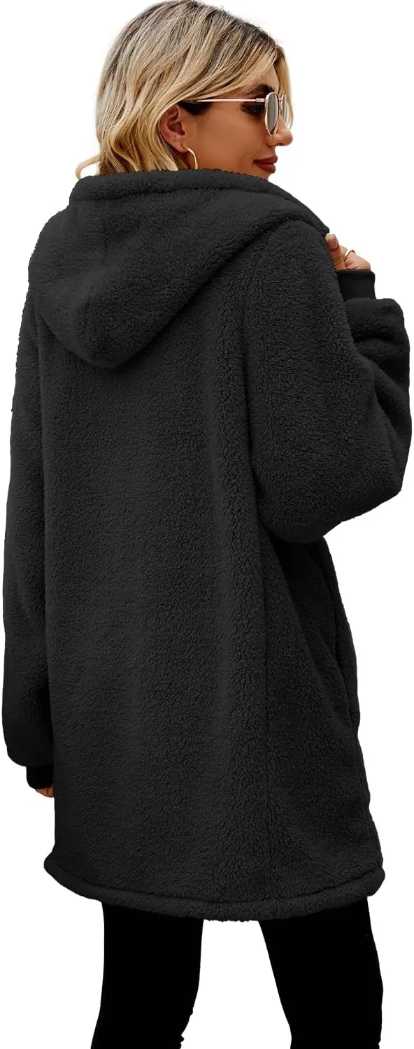 ReachMe Womens Fleece Zip Up Jacket with Pockets Oversized Long Sherpa Hoodie Fuzzy Jackets Warm Teddy Coat