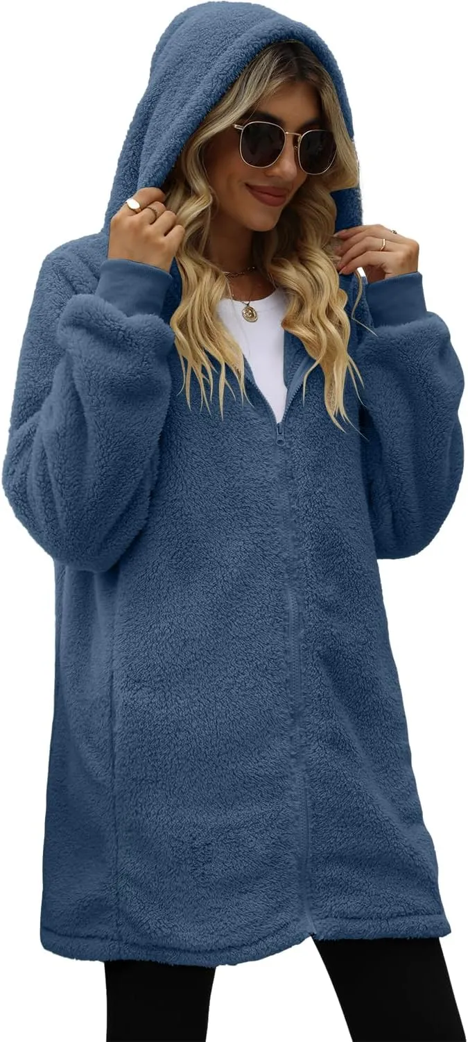 ReachMe Womens Fleece Zip Up Jacket with Pockets Oversized Long Sherpa Hoodie Fuzzy Jackets Warm Teddy Coat