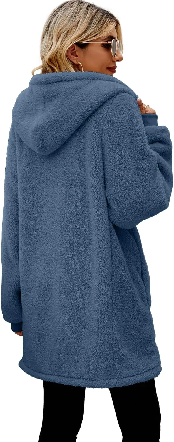 ReachMe Womens Fleece Zip Up Jacket with Pockets Oversized Long Sherpa Hoodie Fuzzy Jackets Warm Teddy Coat