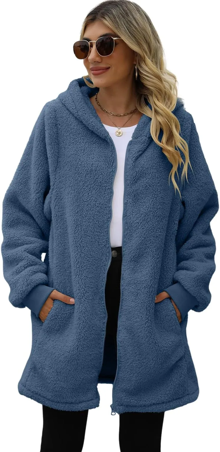 ReachMe Womens Fleece Zip Up Jacket with Pockets Oversized Long Sherpa Hoodie Fuzzy Jackets Warm Teddy Coat