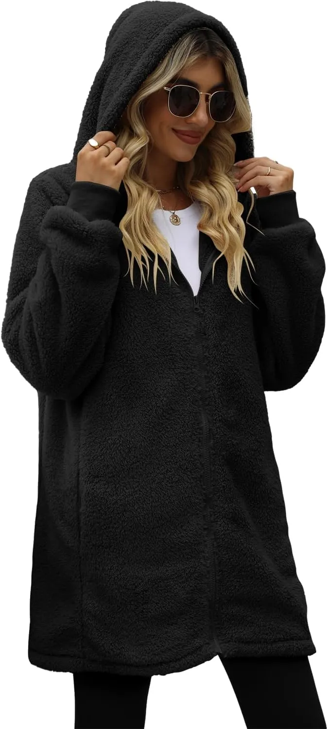ReachMe Womens Fleece Zip Up Jacket with Pockets Oversized Long Sherpa Hoodie Fuzzy Jackets Warm Teddy Coat