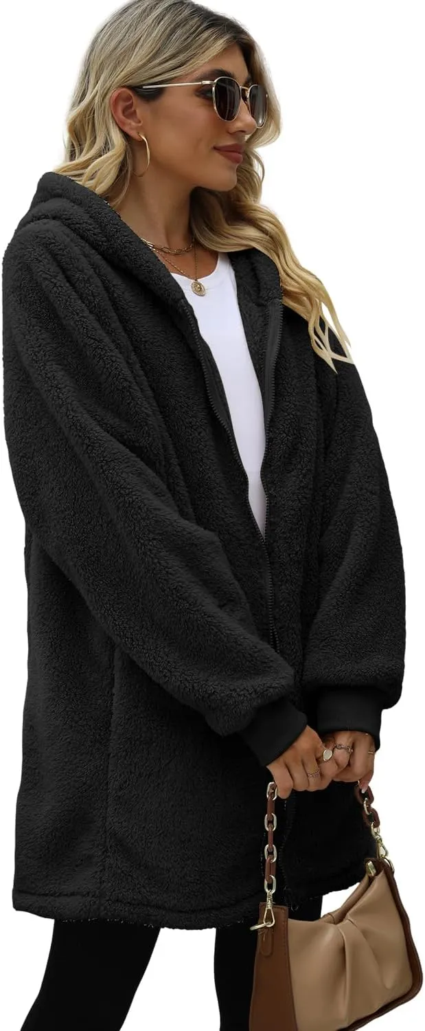 ReachMe Womens Fleece Zip Up Jacket with Pockets Oversized Long Sherpa Hoodie Fuzzy Jackets Warm Teddy Coat