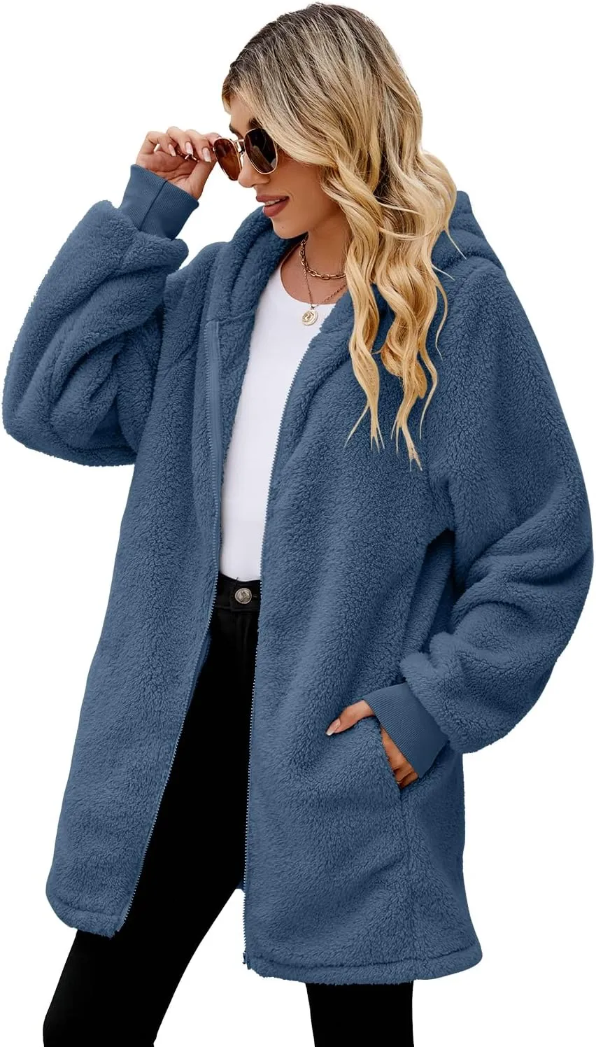 ReachMe Womens Fleece Zip Up Jacket with Pockets Oversized Long Sherpa Hoodie Fuzzy Jackets Warm Teddy Coat