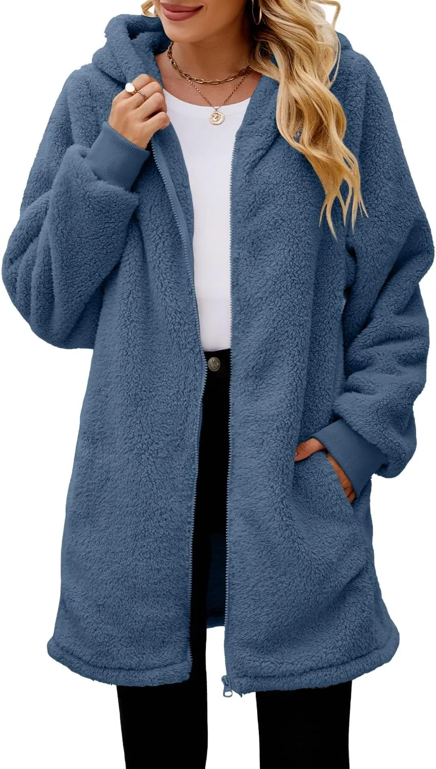 ReachMe Womens Fleece Zip Up Jacket with Pockets Oversized Long Sherpa Hoodie Fuzzy Jackets Warm Teddy Coat