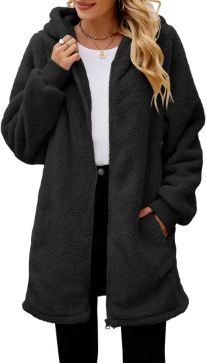 ReachMe Womens Fleece Zip Up Jacket with Pockets Oversized Long Sherpa Hoodie Fuzzy Jackets Warm Teddy Coat