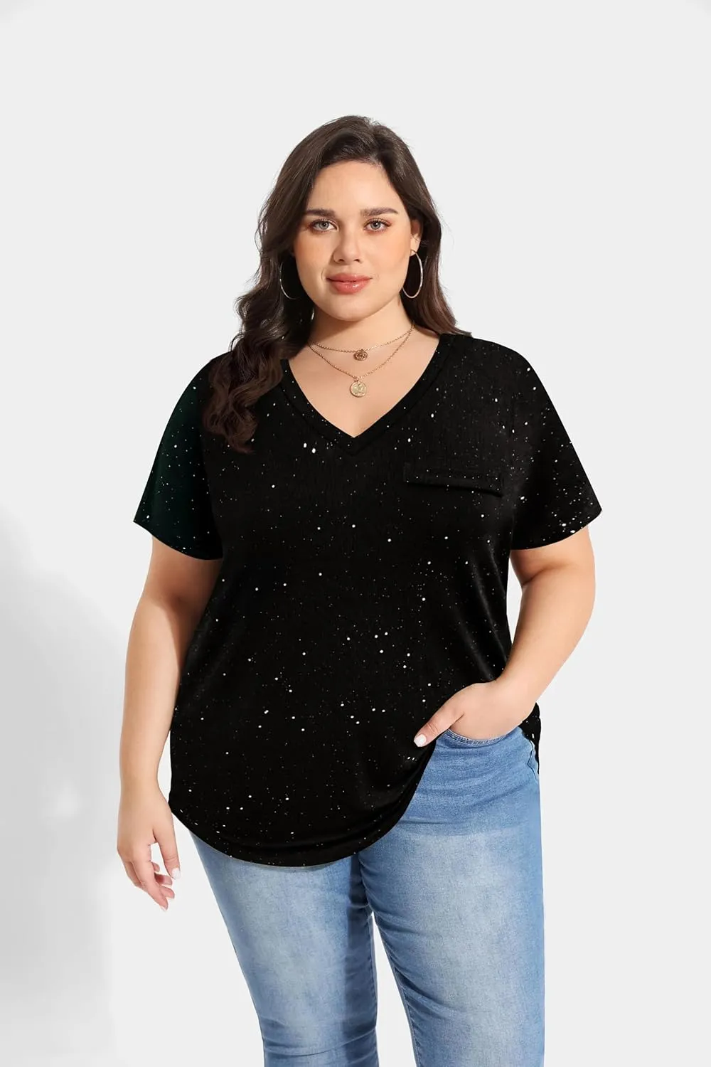 RITERA Plus Size Tops for Women Oversized Summer Basic V Neck Short Sleeve Henley Shirt Casual Tunic Shirts XL-5XL