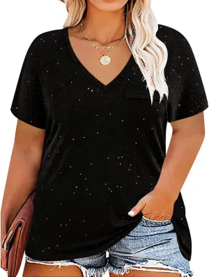 RITERA Plus Size Tops for Women Oversized Summer Basic V Neck Short Sleeve Henley Shirt Casual Tunic Shirts XL-5XL