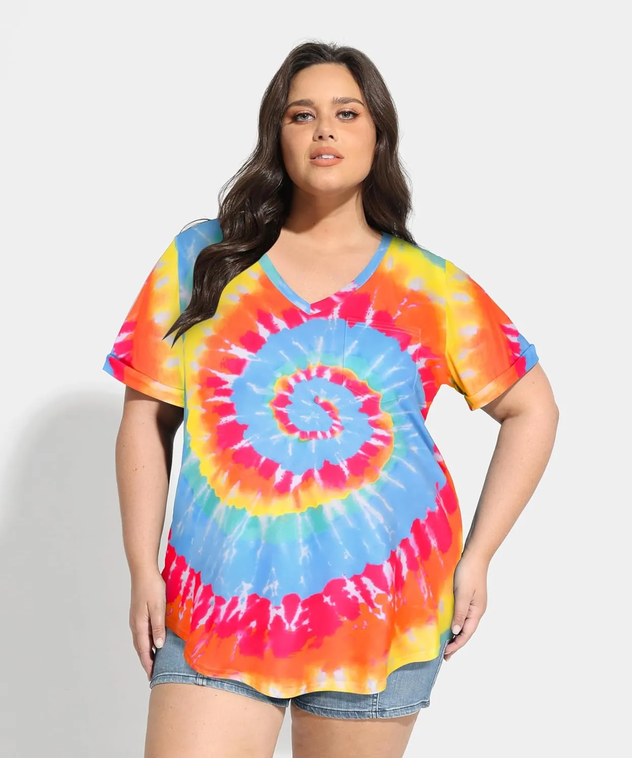 RITERA Plus Size Tops for Women Tie Dye Summer T Shirts V Neck Short Sleeve Casual Tee Tops with Front Pocket XL-5XL