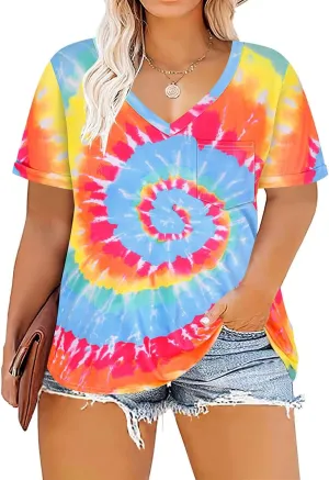 RITERA Plus Size Tops for Women Tie Dye Summer T Shirts V Neck Short Sleeve Casual Tee Tops with Front Pocket XL-5XL