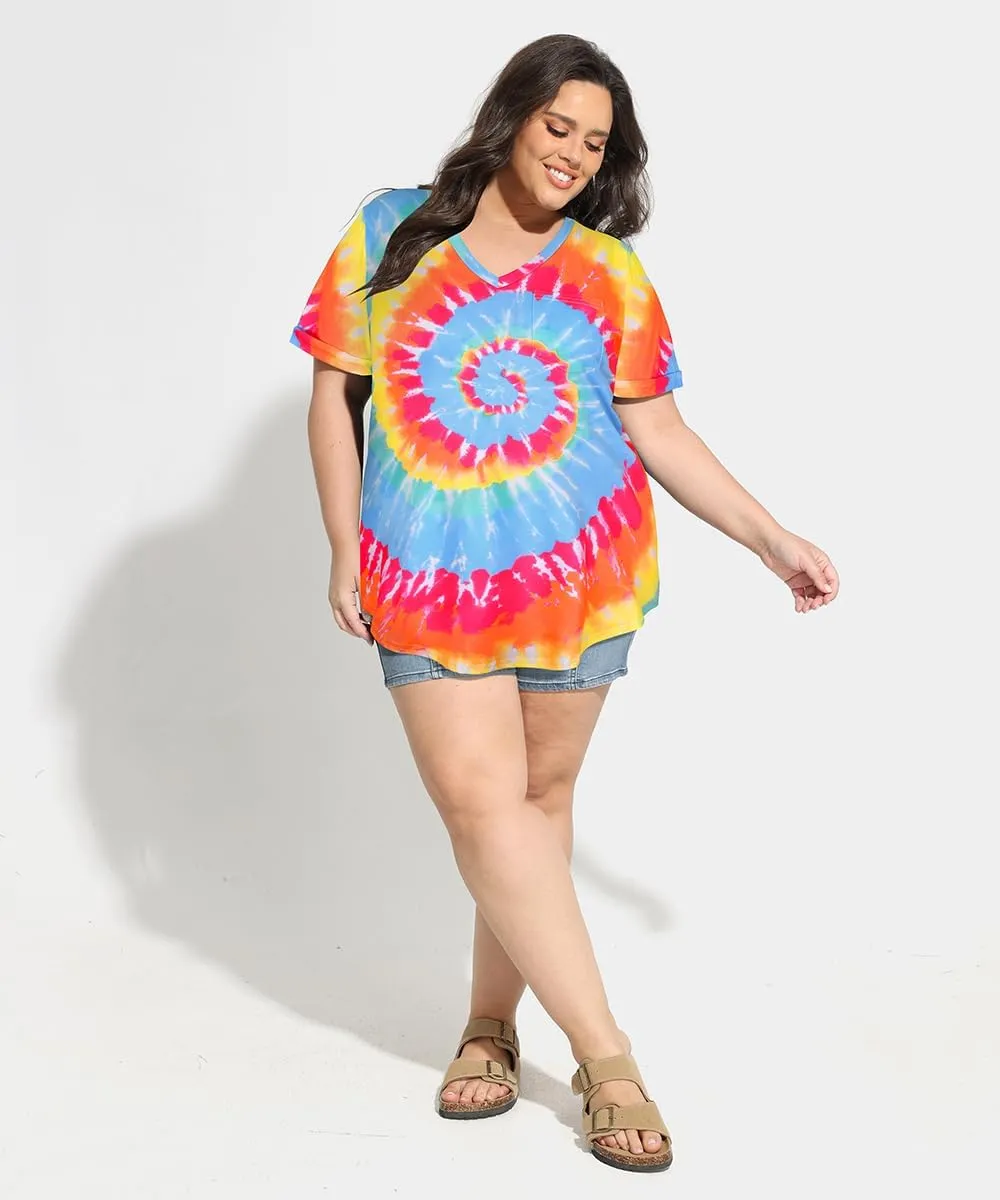 RITERA Plus Size Tops for Women Tie Dye Summer T Shirts V Neck Short Sleeve Casual Tee Tops with Front Pocket XL-5XL