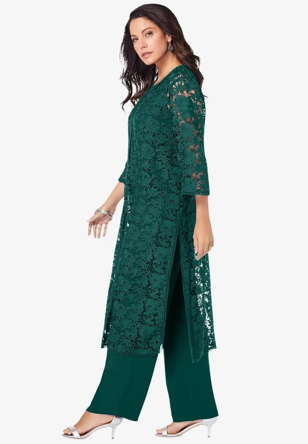 Roaman's Women's Plus Size Three-Piece Lace Duster & Pant Suit