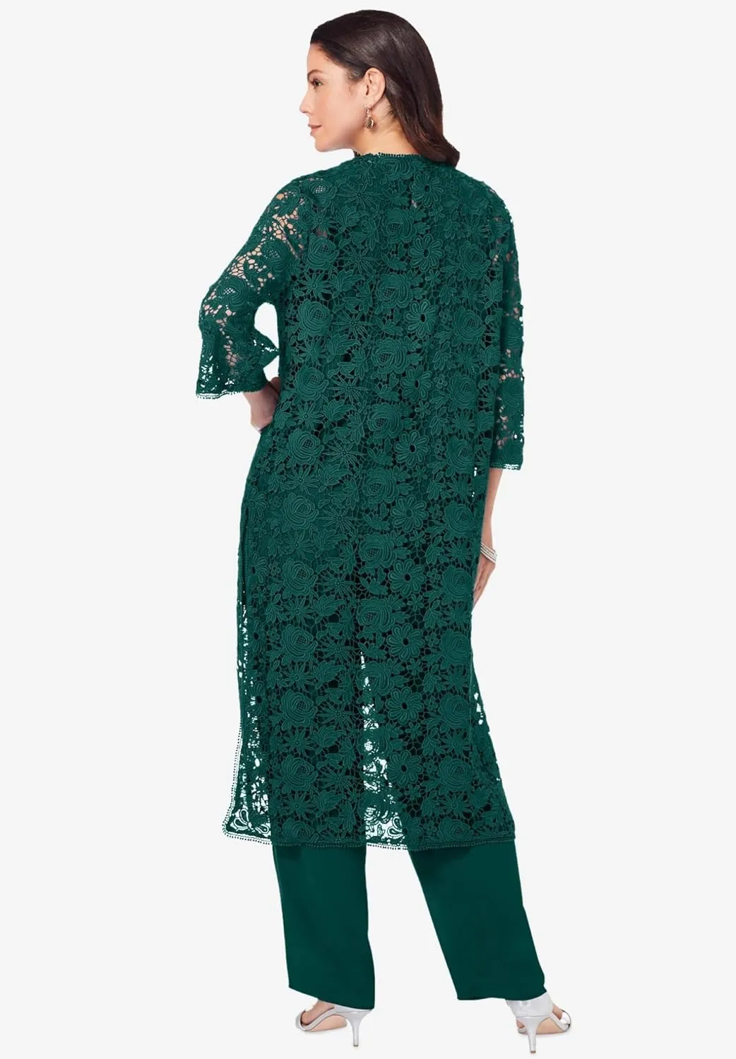 Roaman's Women's Plus Size Three-Piece Lace Duster & Pant Suit