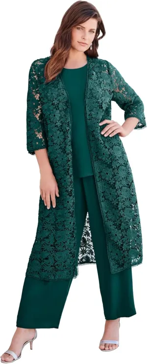 Roaman's Women's Plus Size Three-Piece Lace Duster & Pant Suit