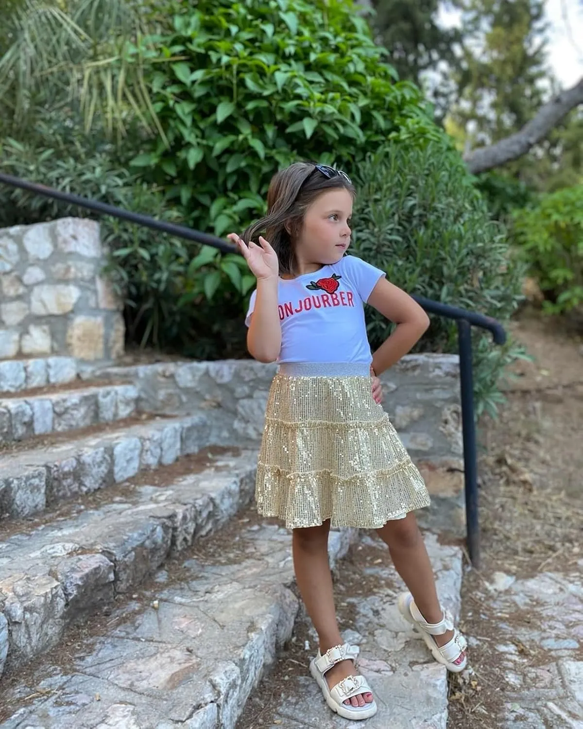 Rolanko Girls Sequin Skirt A-line Tiered Pleated Sparkly Skirt Elastic Waist Metallic Skirt for Party 5-12 Years