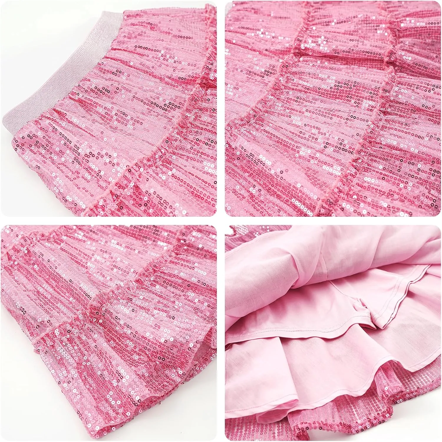 Rolanko Girls Sequin Skirt A-line Tiered Pleated Sparkly Skirt Elastic Waist Metallic Skirt for Party 5-12 Years