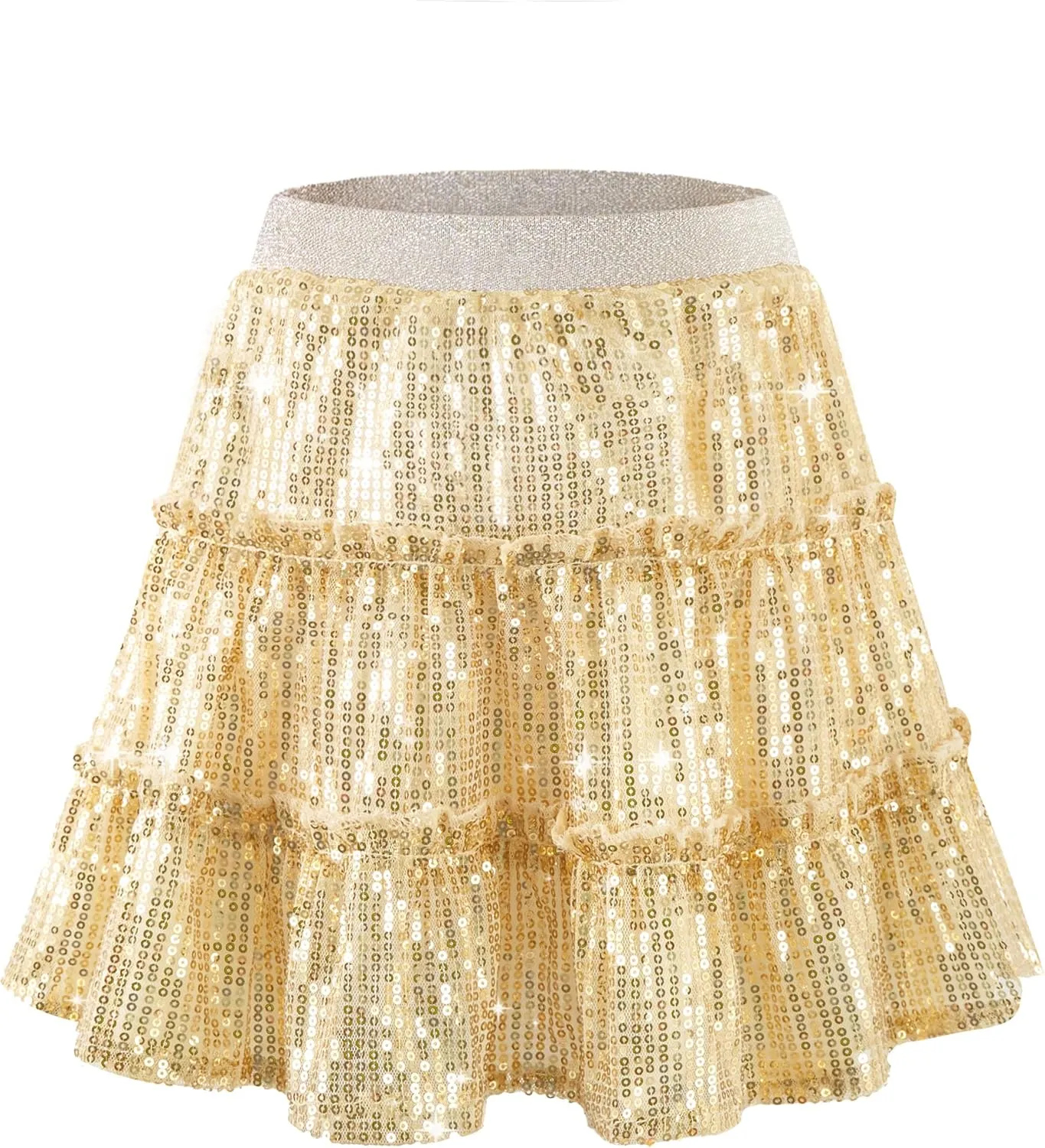 Rolanko Girls Sequin Skirt A-line Tiered Pleated Sparkly Skirt Elastic Waist Metallic Skirt for Party 5-12 Years