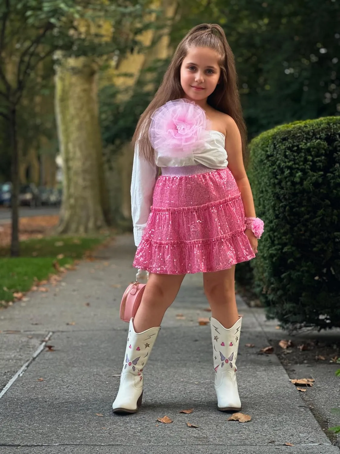 Rolanko Girls Sequin Skirt A-line Tiered Pleated Sparkly Skirt Elastic Waist Metallic Skirt for Party 5-12 Years