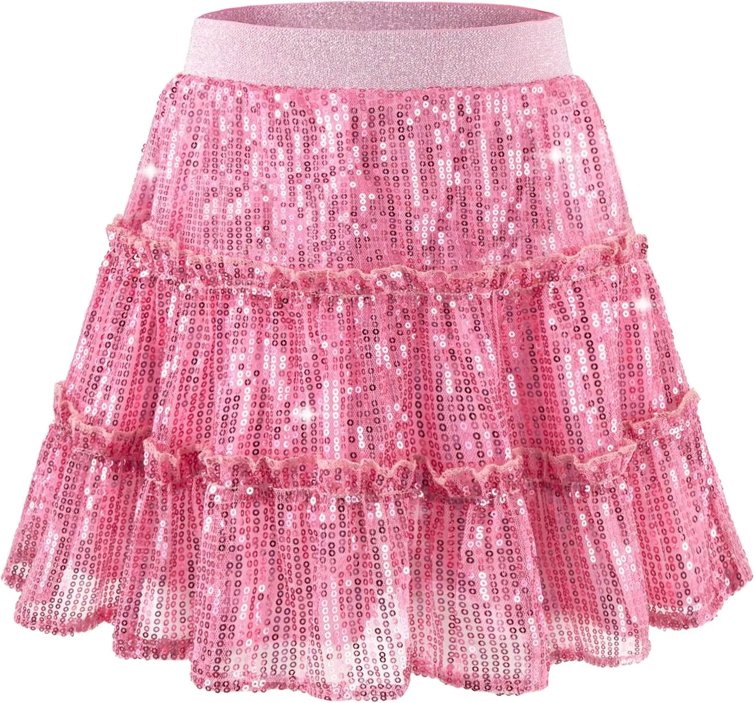 Rolanko Girls Sequin Skirt A-line Tiered Pleated Sparkly Skirt Elastic Waist Metallic Skirt for Party 5-12 Years