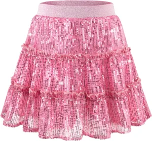 Rolanko Girls Sequin Skirt A-line Tiered Pleated Sparkly Skirt Elastic Waist Metallic Skirt for Party 5-12 Years