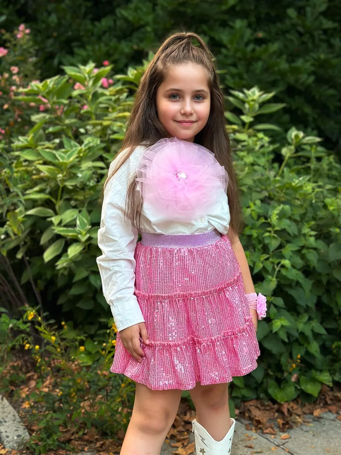 Rolanko Girls Sequin Skirt A-line Tiered Pleated Sparkly Skirt Elastic Waist Metallic Skirt for Party 5-12 Years