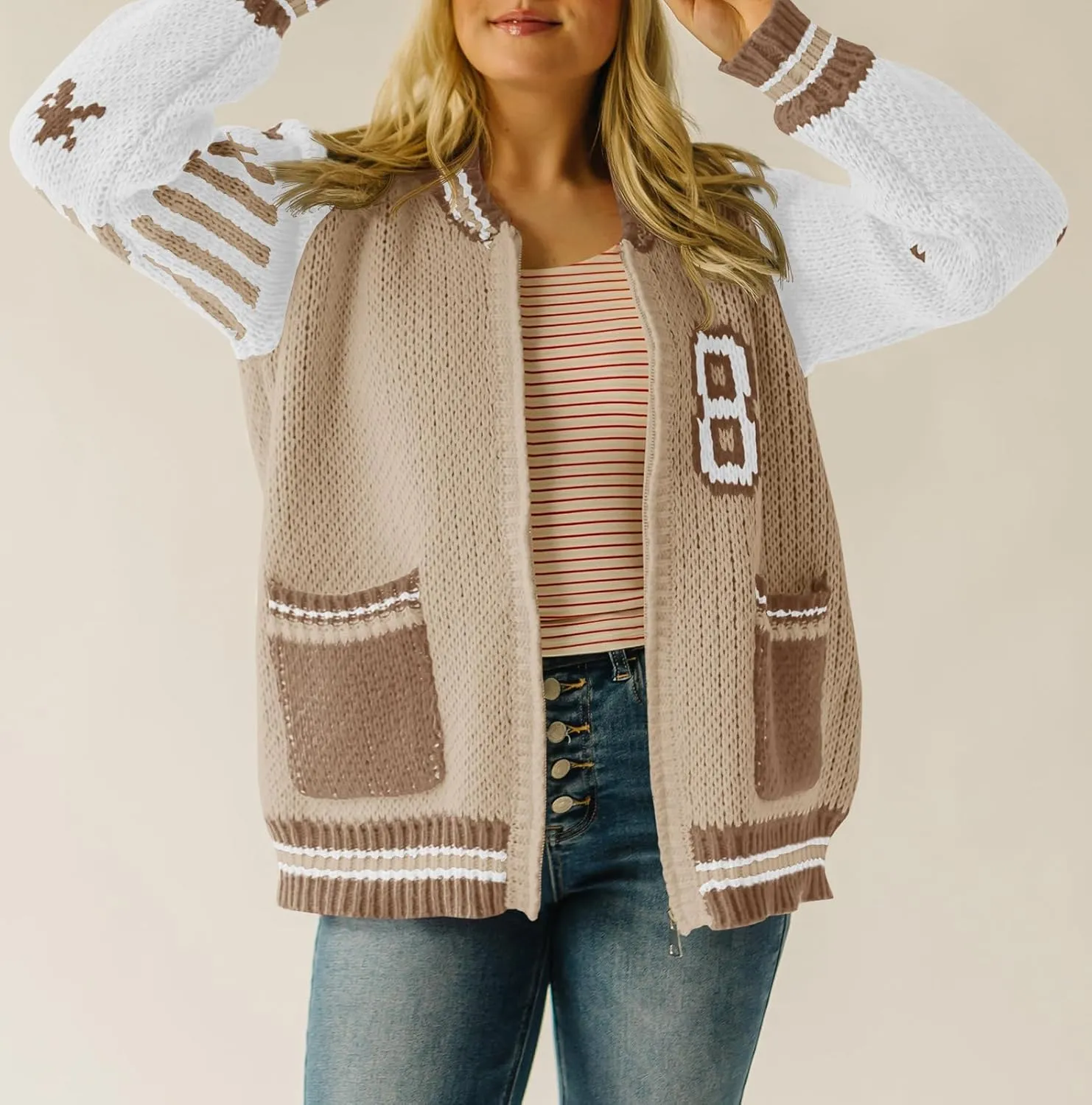 Saodimallsu Womens Bomber Varsity Sweater Jackets Vintage Zip Up Long Sleeve Loose Knitted Baseball Cardigans
