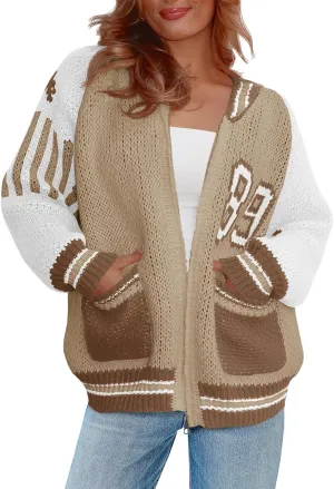 Saodimallsu Womens Bomber Varsity Sweater Jackets Vintage Zip Up Long Sleeve Loose Knitted Baseball Cardigans