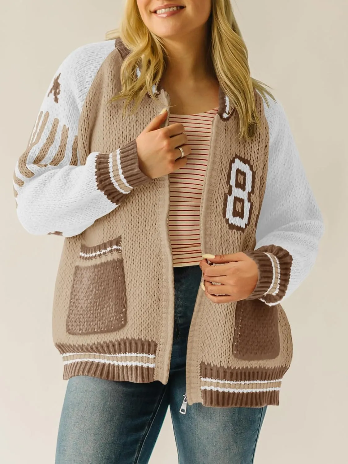 Saodimallsu Womens Bomber Varsity Sweater Jackets Vintage Zip Up Long Sleeve Loose Knitted Baseball Cardigans