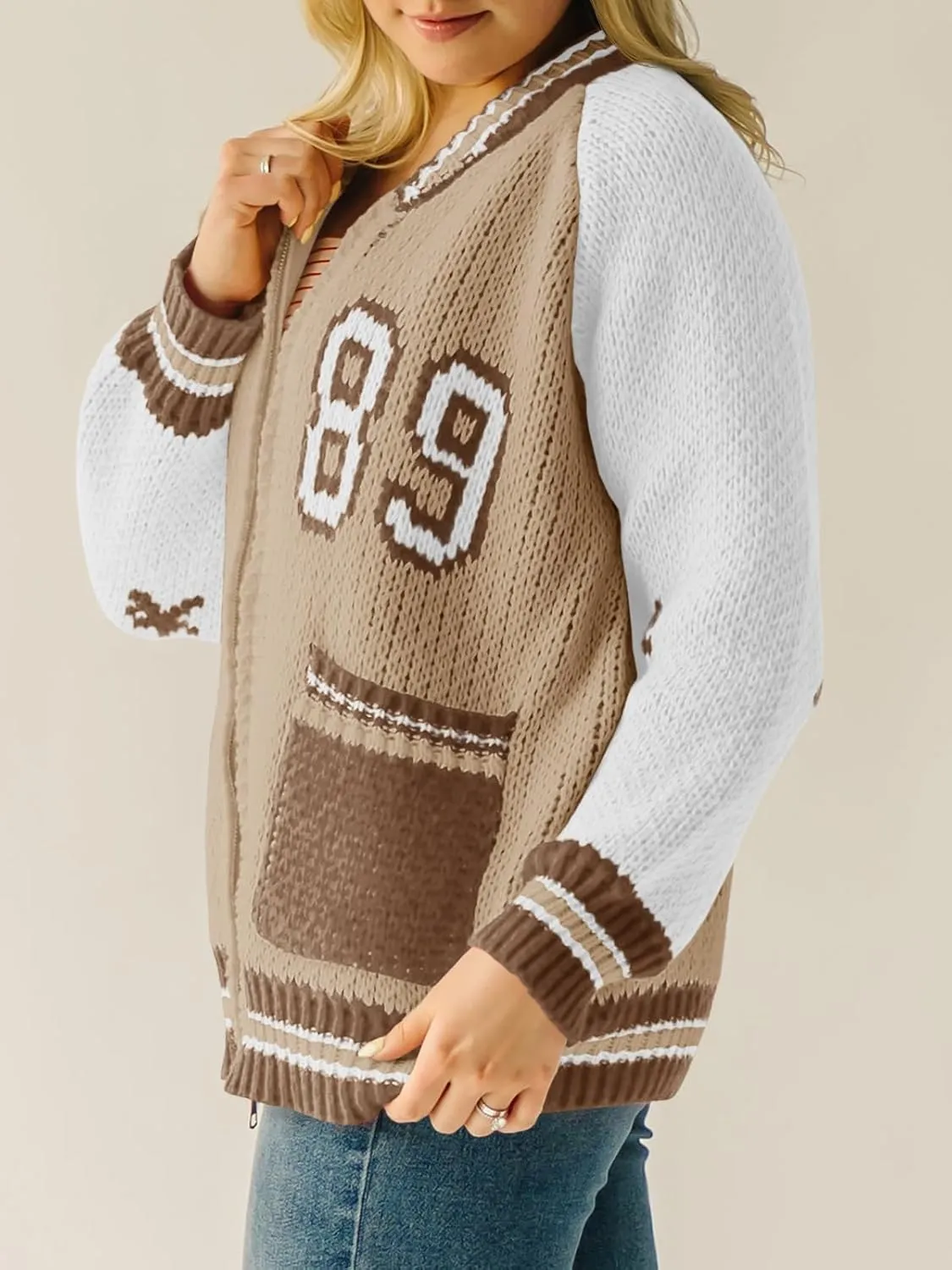 Saodimallsu Womens Bomber Varsity Sweater Jackets Vintage Zip Up Long Sleeve Loose Knitted Baseball Cardigans