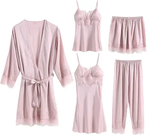 Satin Silk Pajamas For Women Sets Floral Lace Camisoles Sexy Lingerie Pjs Set 5 Pcs Sleepwear Nightwear With Robe