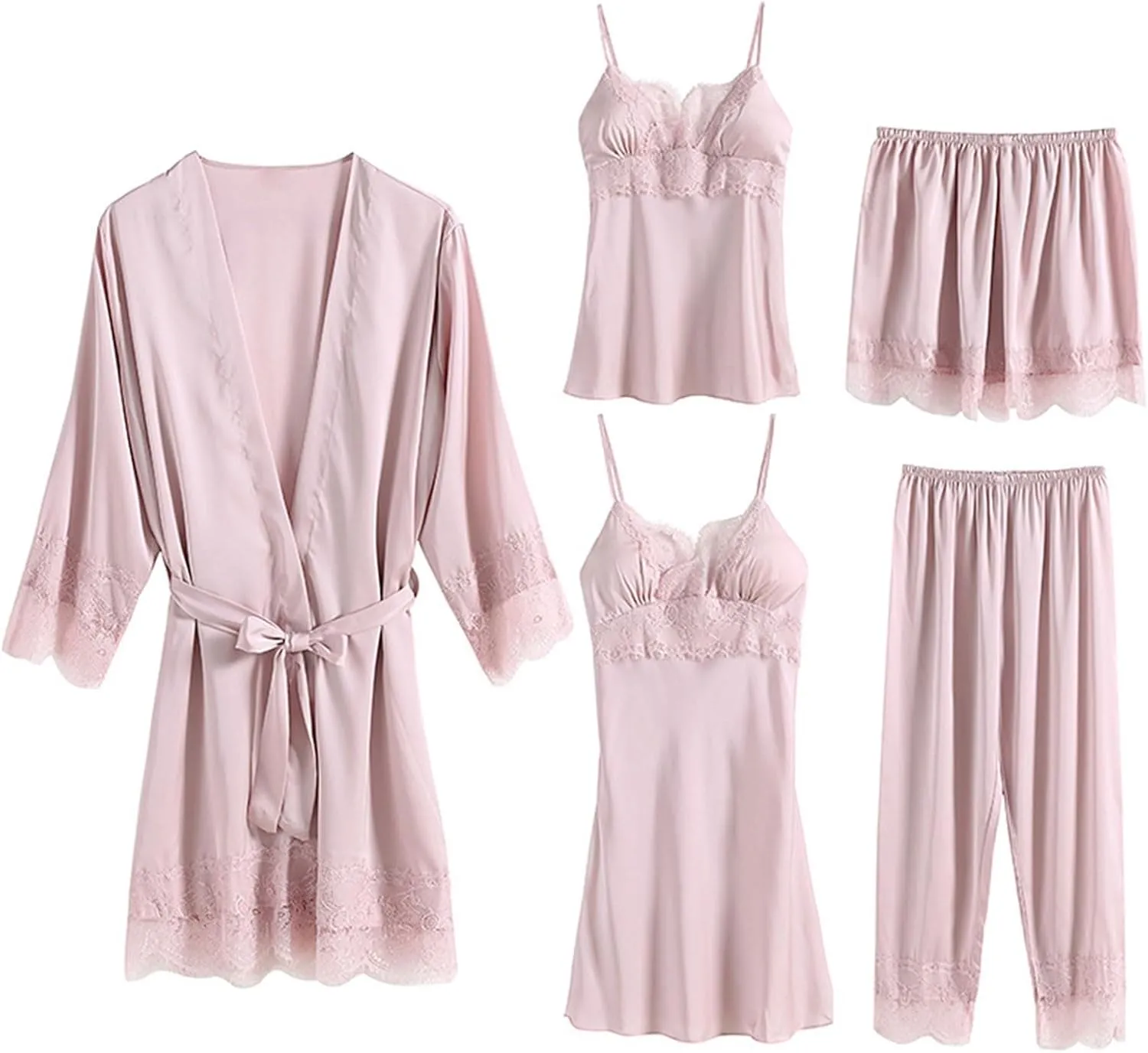 Satin Silk Pajamas For Women Sets Floral Lace Camisoles Sexy Lingerie Pjs Set 5 Pcs Sleepwear Nightwear With Robe
