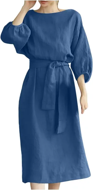 SHOPESSA Linen Dresses for Women 2024 Casual Solid Color Work Dress Long Sleeve Tie Waist Knee Length Dress Boho Dress
