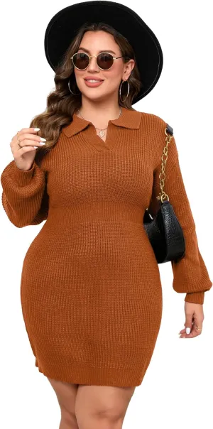 ShopWonder Women Plus Size V-neck Long Sleeve Knit Stretchable Elasticity Slim Sweater Bodycon Midi Pullover Sweater Dress