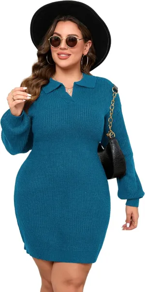 ShopWonder Women Plus Size V-neck Long Sleeve Knit Stretchable Elasticity Slim Sweater Bodycon Midi Pullover Sweater Dress