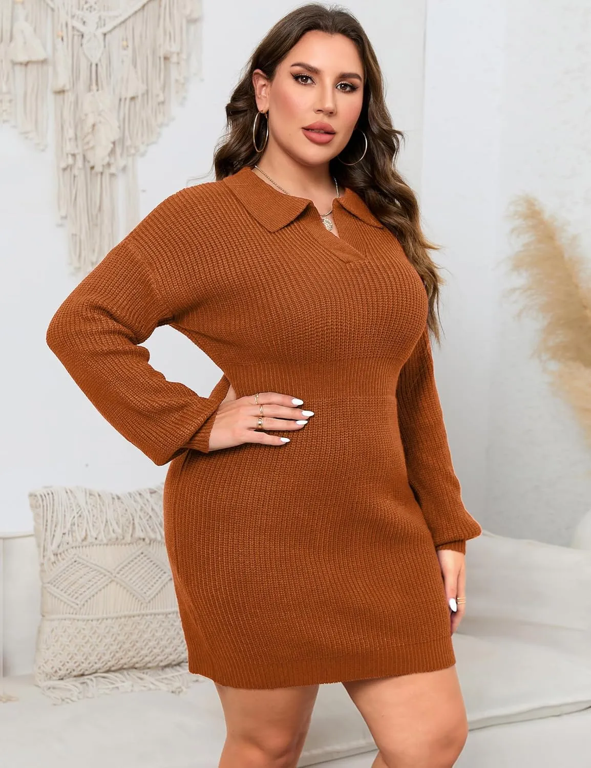 ShopWonder Women Plus Size V-neck Long Sleeve Knit Stretchable Elasticity Slim Sweater Bodycon Midi Pullover Sweater Dress