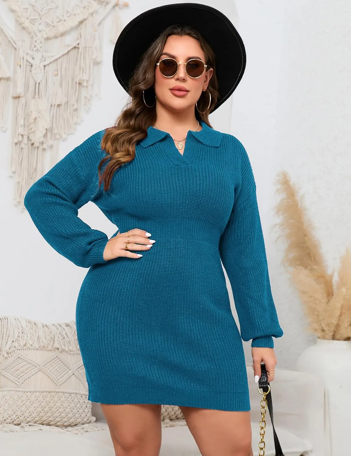 ShopWonder Women Plus Size V-neck Long Sleeve Knit Stretchable Elasticity Slim Sweater Bodycon Midi Pullover Sweater Dress
