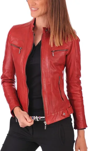 SID Red Scarlet Lambskin Leather Womens Jacket, Biker Jacket