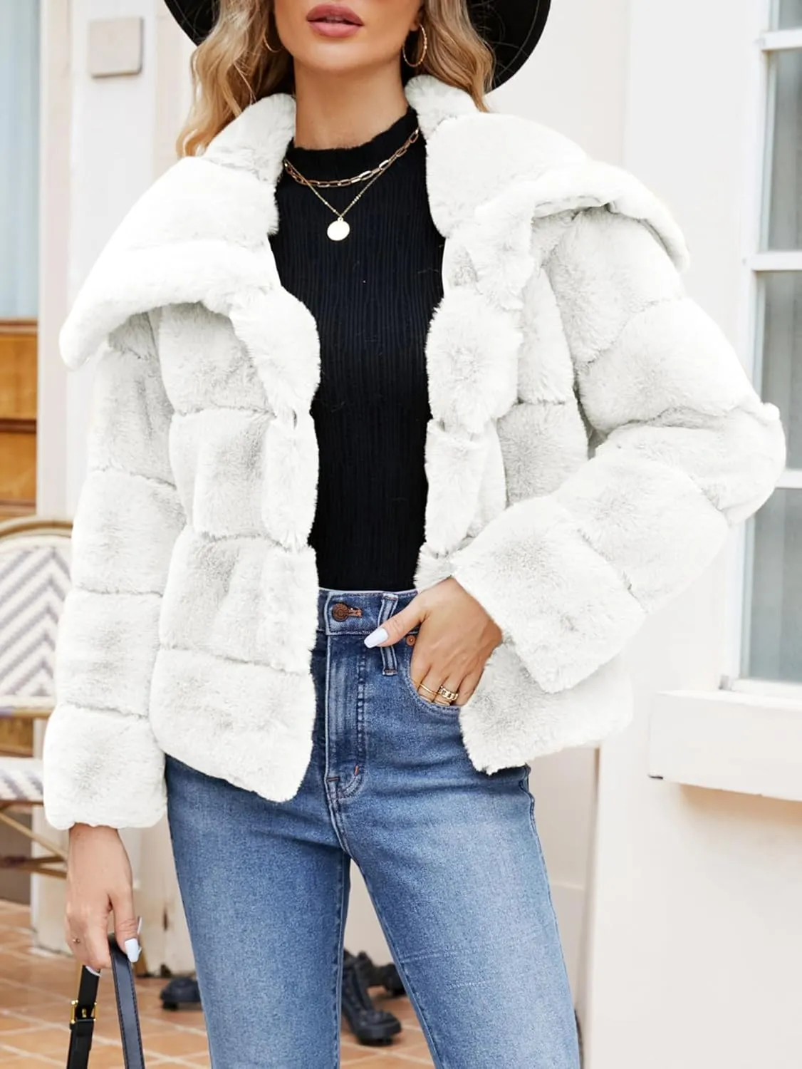 Simplee Apparel Womens Faux Fur Coat Fleece Cropped Jacket Long Sleeve Fur Coats Warm Winter Jackets 2024