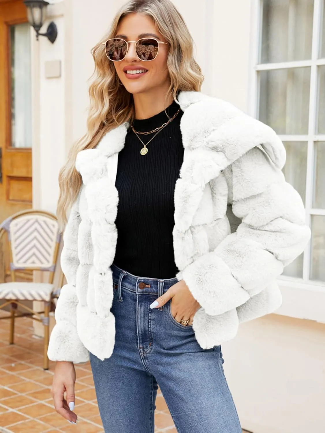 Simplee Apparel Womens Faux Fur Coat Fleece Cropped Jacket Long Sleeve Fur Coats Warm Winter Jackets 2024