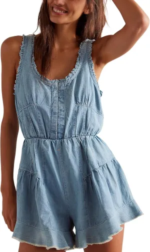 SKIKYAN Women Summer Short Denim Overalls Casual Sleeveless Ruffled Romper Loose Elastic Waist Jumpsuits