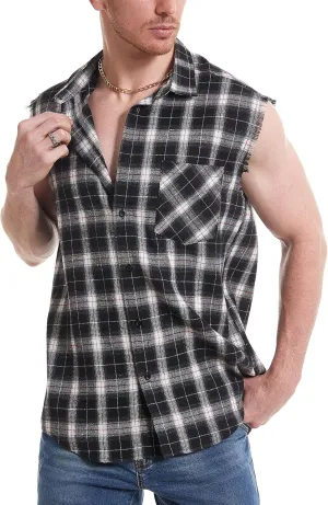 Sleeveless Plaid Front Shirt for Men,Cowboy Button Down Shirts