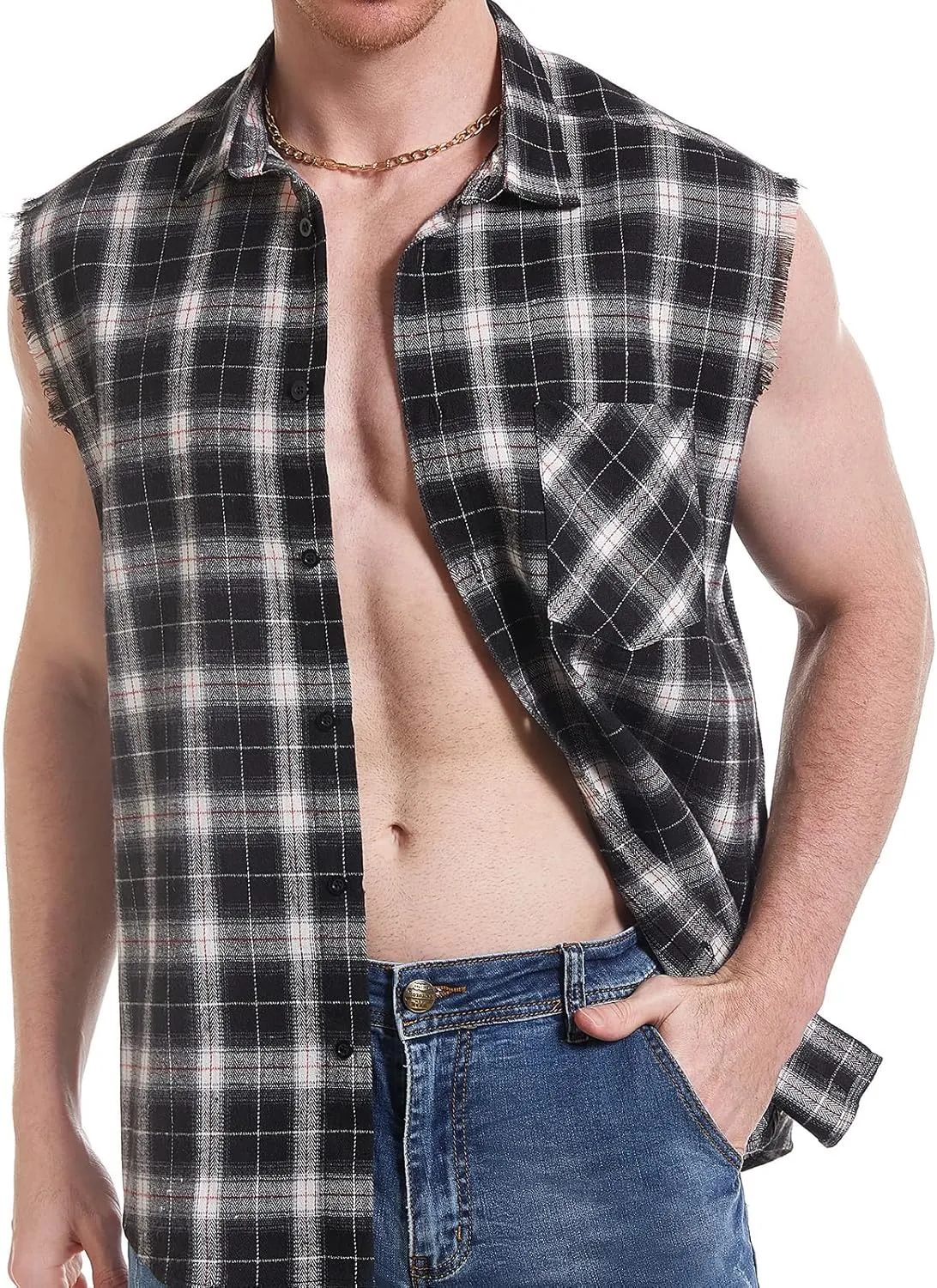 Sleeveless Plaid Front Shirt for Men,Cowboy Button Down Shirts