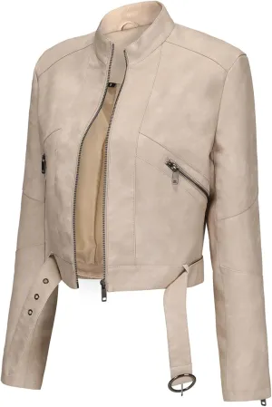 Slim Faux Leather Motorcycle Jacket for Women, Motorcycle PU Crop Bomber Outwear Coat with Belt