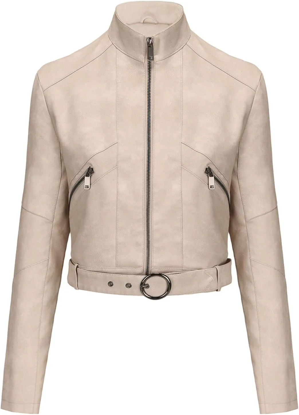 Slim Faux Leather Motorcycle Jacket for Women, Motorcycle PU Crop Bomber Outwear Coat with Belt