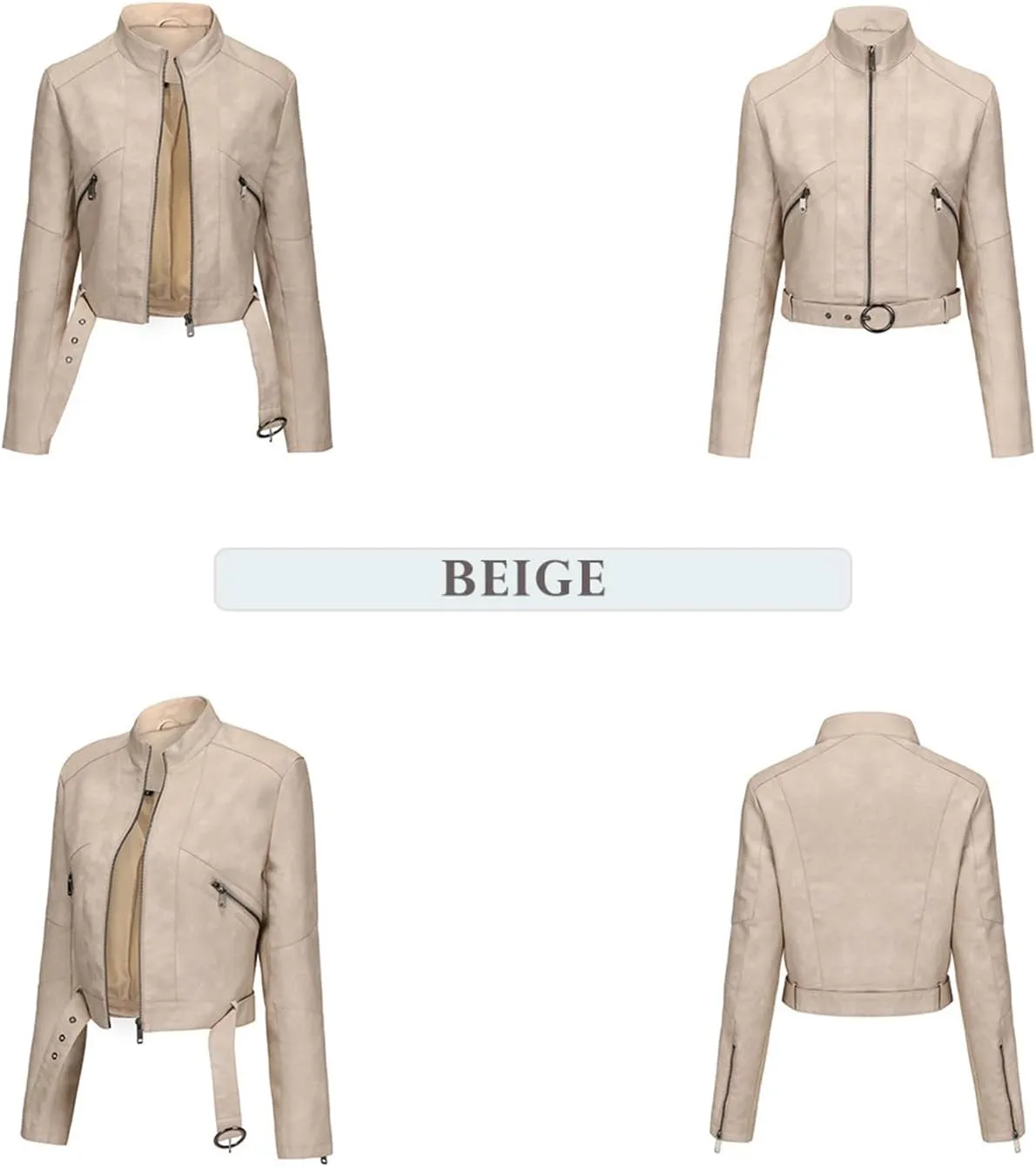 Slim Faux Leather Motorcycle Jacket for Women, Motorcycle PU Crop Bomber Outwear Coat with Belt