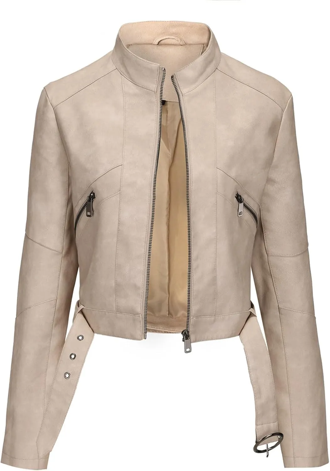 Slim Faux Leather Motorcycle Jacket for Women, Motorcycle PU Crop Bomber Outwear Coat with Belt