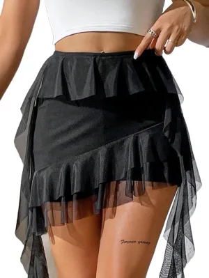 SOFIA'S CHOICE Women's Mesh Ruffle Mini Skirt Asymmetrical Hem Overlay Skort